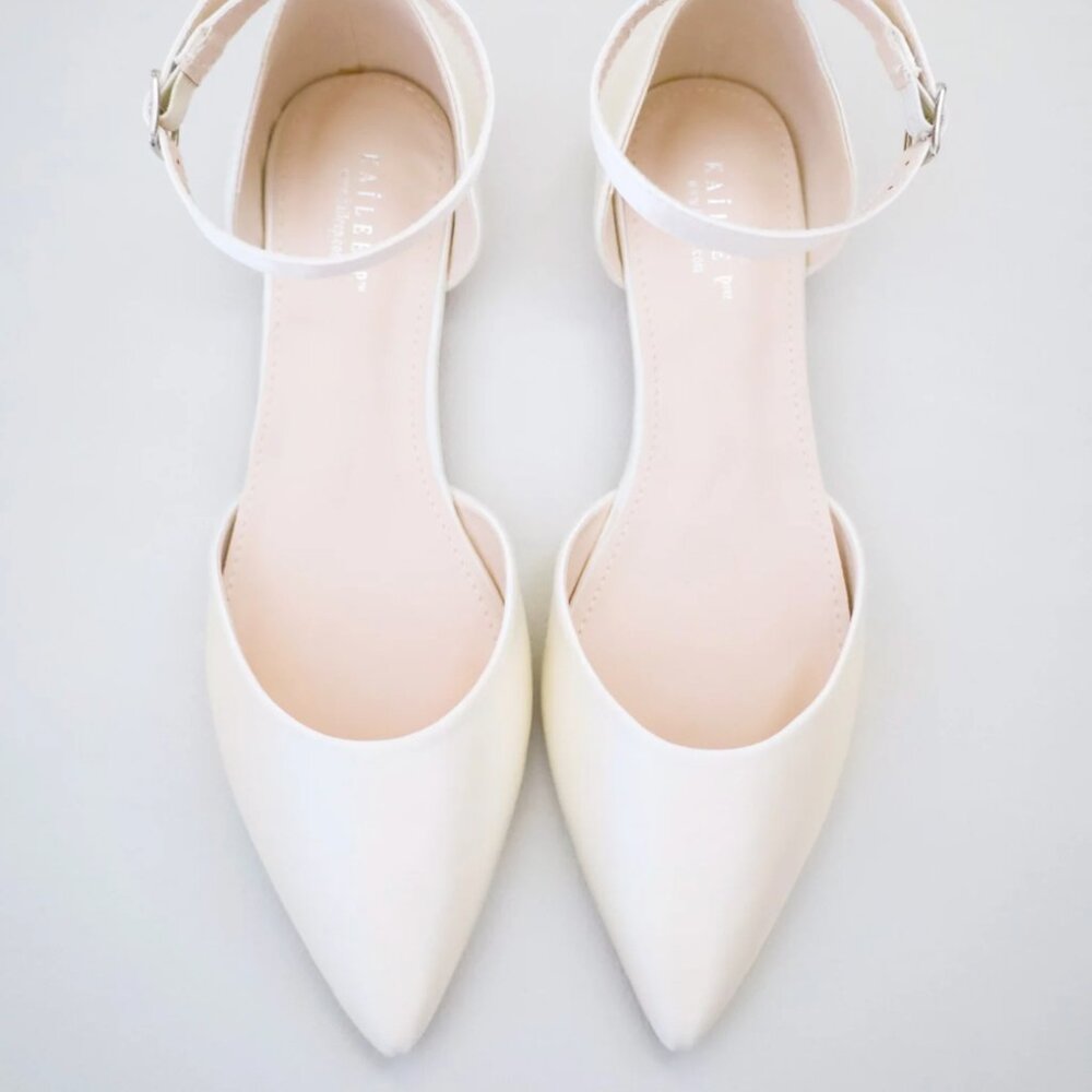 Kailee P Satin Pointy Toe Flats with Ankle Strap - Ivory Satin